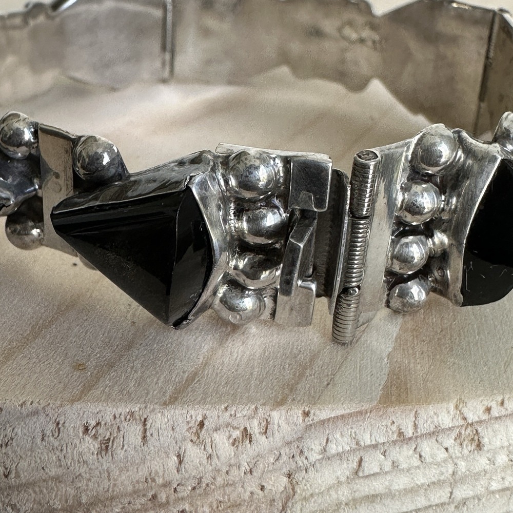 VTG Taxco Link Bracelet Size 6.5 Sheen Obsidian Signed 925 Sterling Mexico 26.1g - Picture 7 of 12